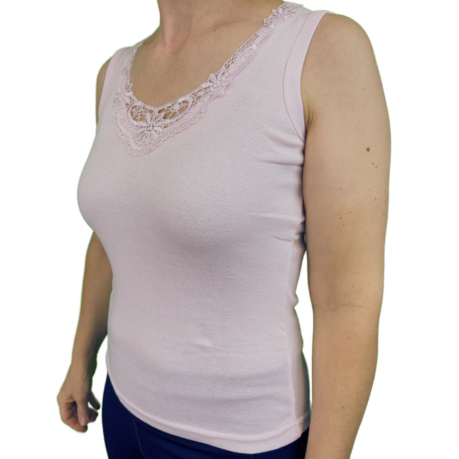 Ladies Sleeveless Singlet Top Womens Summer Basic Tank Shirt Lace Motif Front - Pink - 10-12