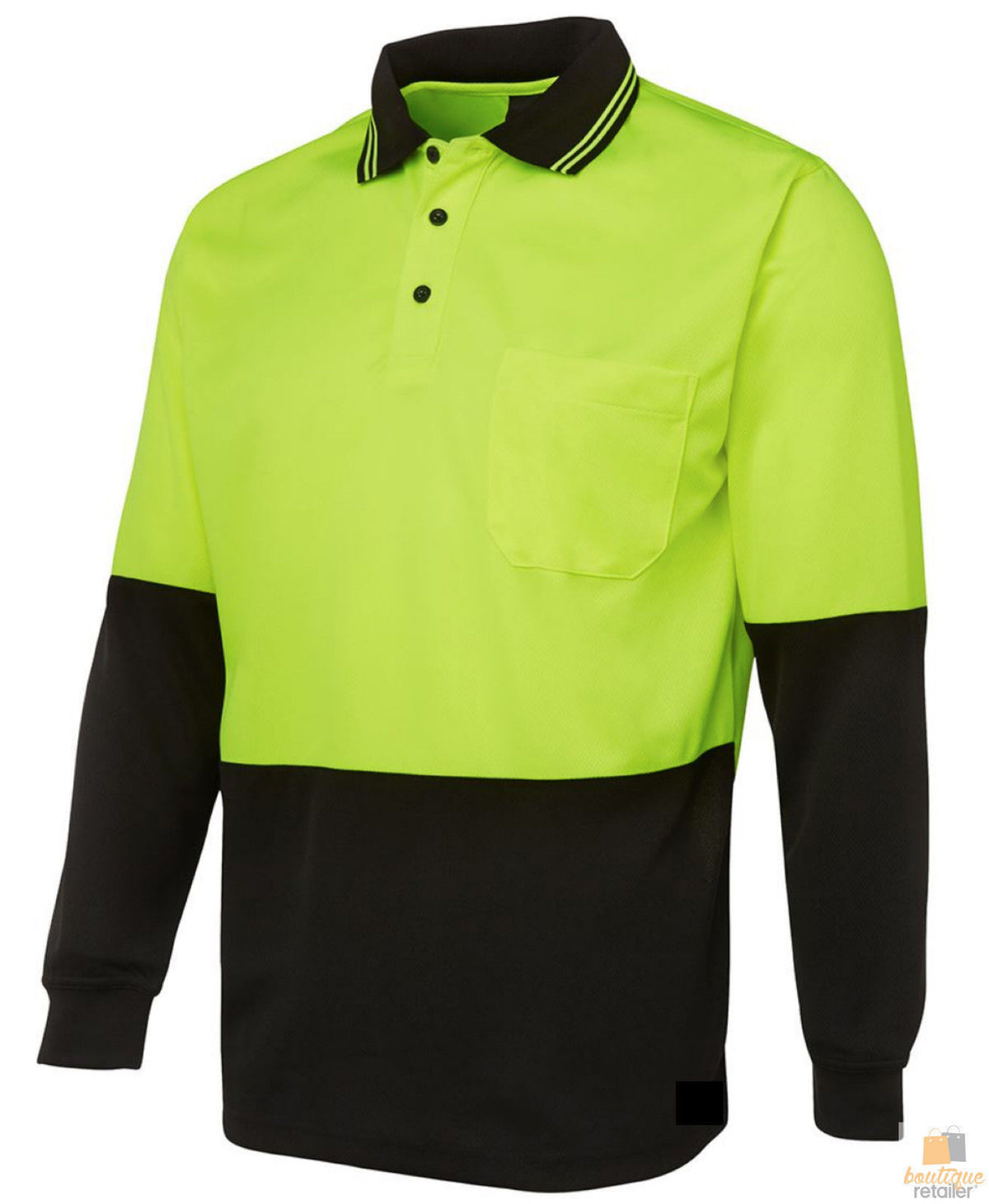 Hi Vis Long Sleeve Polo Shirt Safety Workwear Fluro Breathable UPF 50+ - Yellow - L