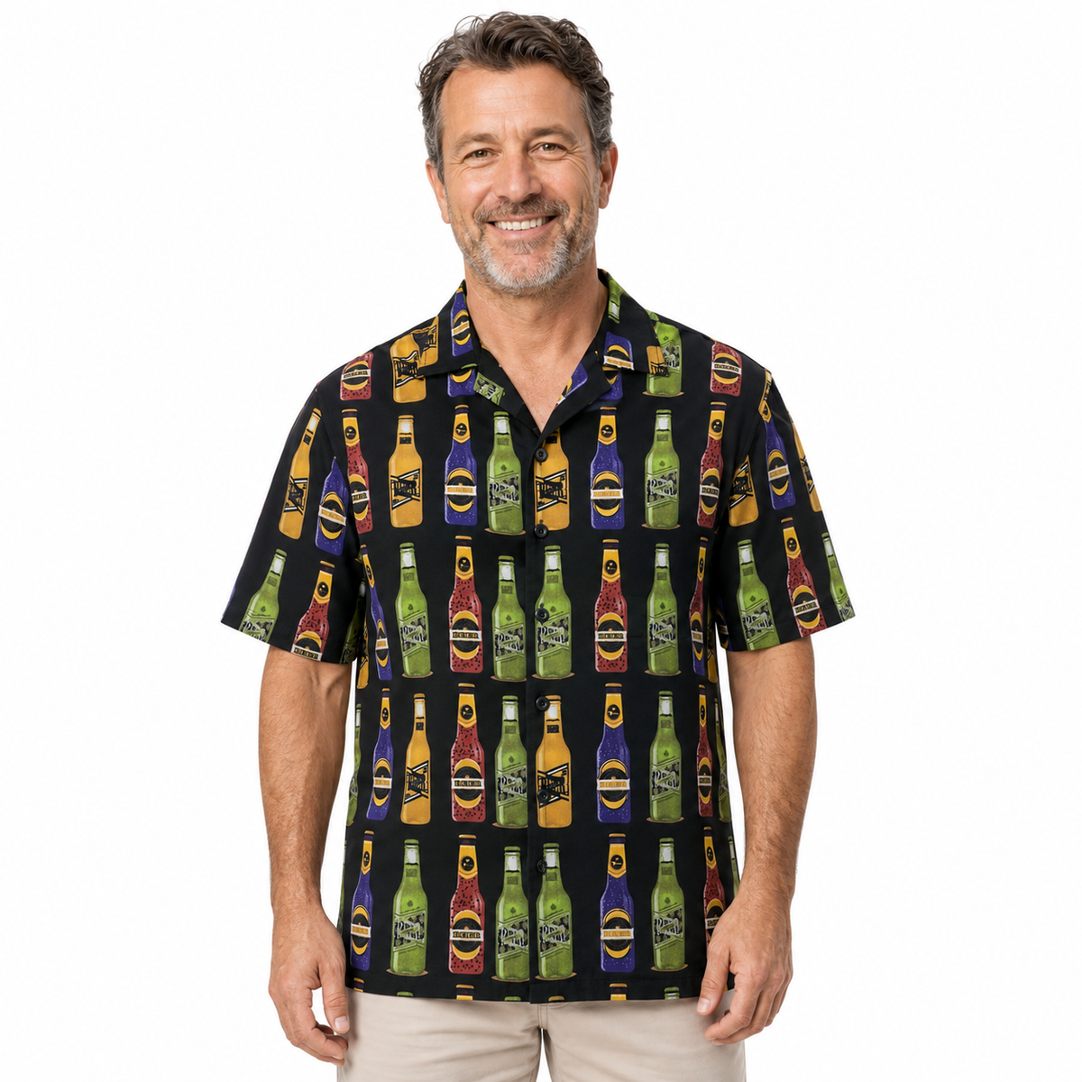 Mens Oahu Hawaiian Party Shirt Button Hippie Tops Short Sleeve Beach Holiday - Beer Bottles