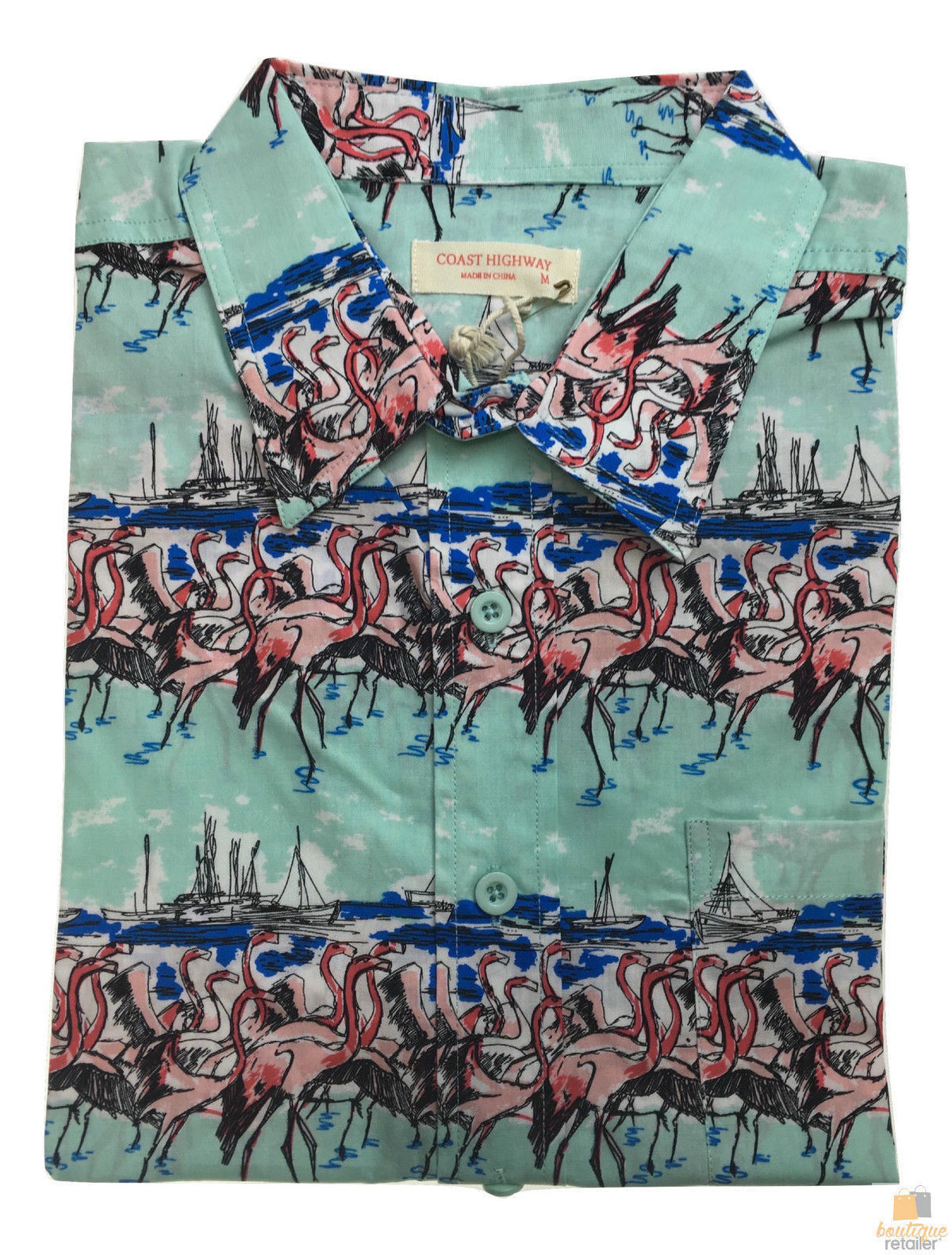 Mens Oahu Hawaiian Party Shirt Button Hippie Tops Short Sleeve Beach Holiday - Flamingo On Shore (0498) - S