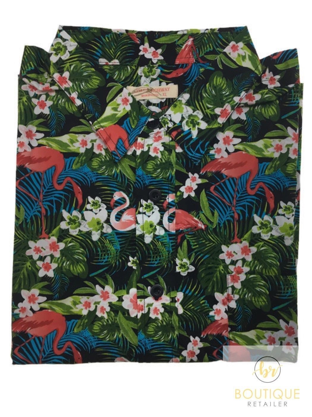 Mens Oahu Hawaiian Party Shirt Button Hippie Tops Short Sleeve Beach Holiday - Garden Flamingo (1423) - XL