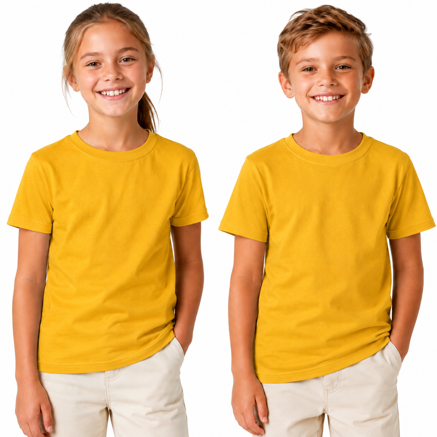 KIDS PLAIN T SHIRT Childrens Child 100% COTTON Boys Girls Basic Blank Tee Top - Yellow/Gold - 4