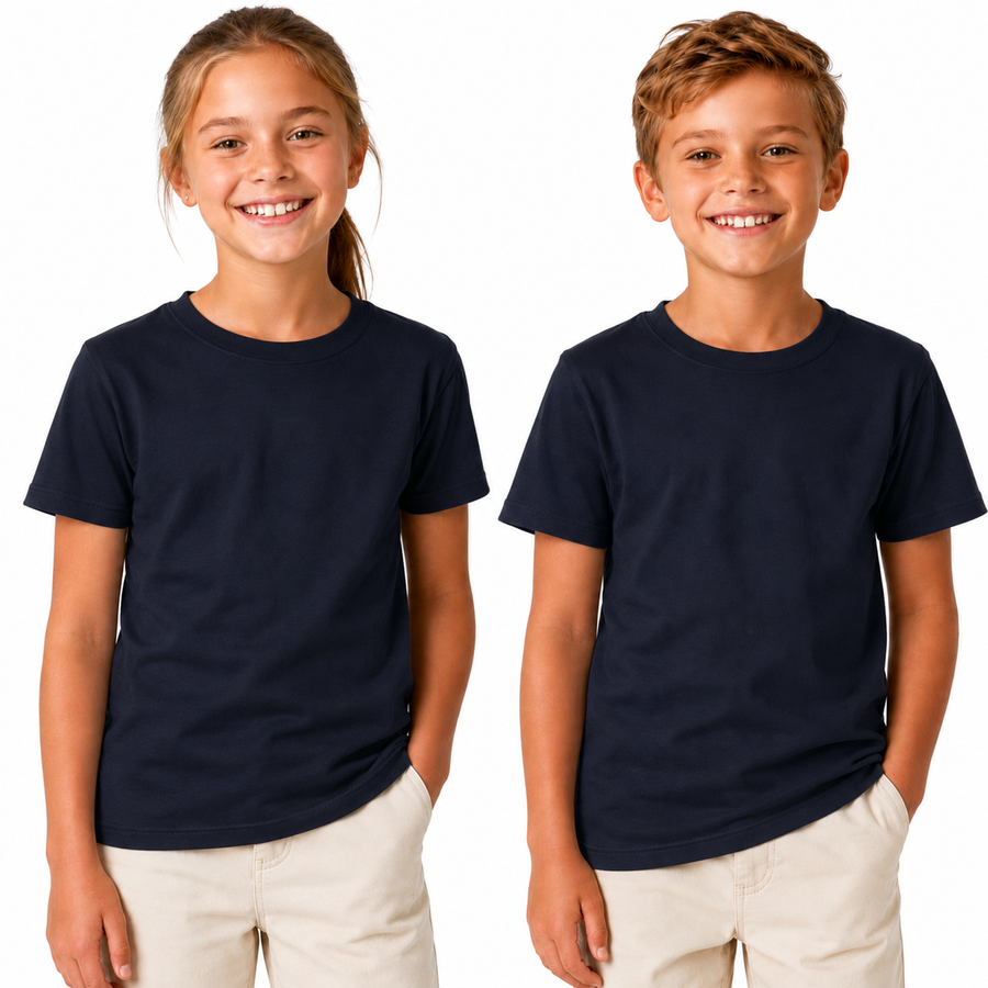 KIDS PLAIN T SHIRT Childrens Child 100% COTTON Boys Girls Basic Blank Tee Top - Navy - 6