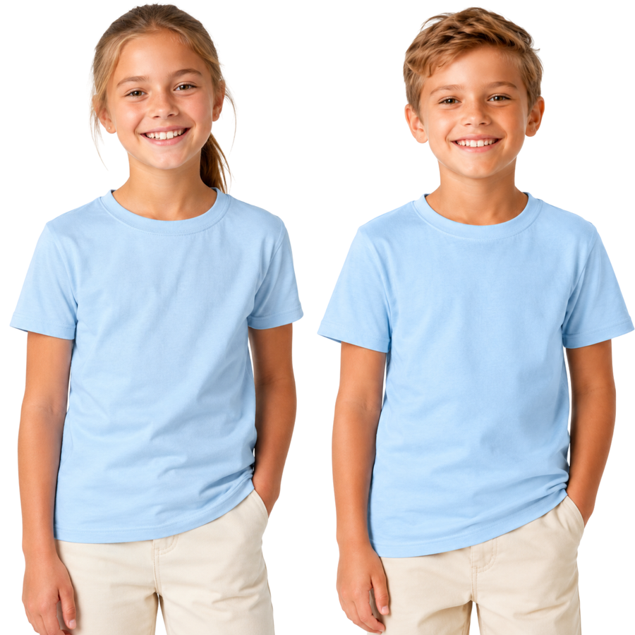 KIDS PLAIN T SHIRT Childrens Child 100% COTTON Boys Girls Basic Blank Tee Top - Sky Blue - 4