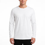 Mens 100% Cotton Long Sleeve T Shirt Plain Basic Slim Fit Tee Casual Top - White - XL
