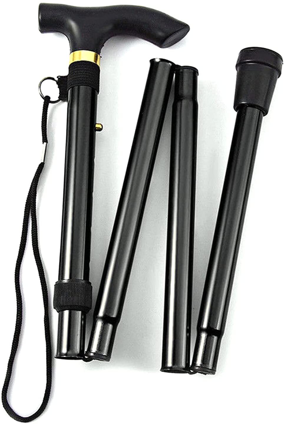 Adjustable Metal WALKING STICK Travel Cane Folding Pole Compact Retractable Hike - Black