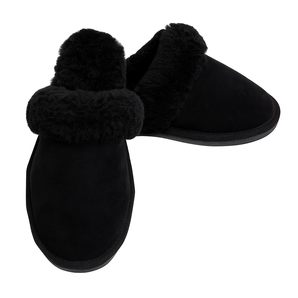 Sheepskin Wool Womens Slippers Scuffs Slip On Winter Ugg Slippers in Black - 9