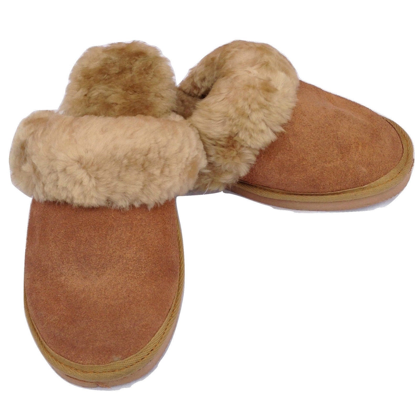 100% Sheepskin Moccasin Slippers Winter Genuine Scuffs Slip On Mens Womens - Chestnut (with fur) - 7
