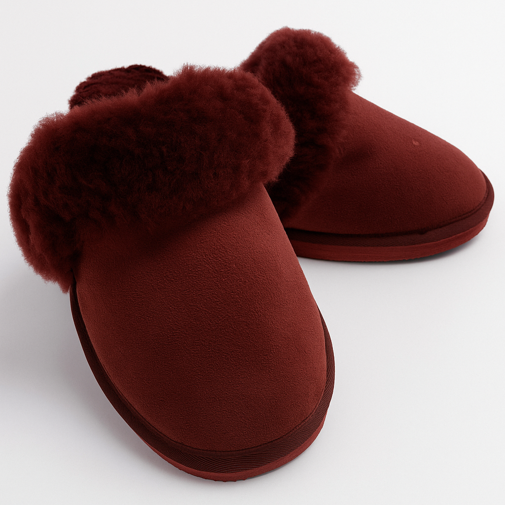 Sheepskin Wool Womens Slippers Scuffs Slip On Winter Ugg Slippers in Burgundy/Red - 9