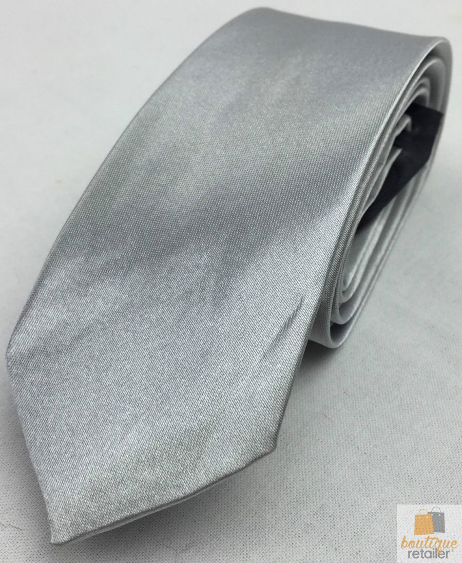 Mens SKINNY TIE Plain Wedding Slim Necktie Formal Casual Narrow Party - Silver