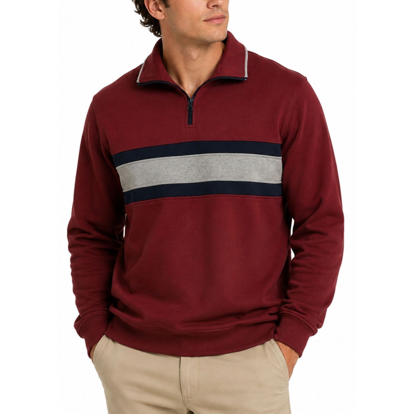 Mens Half Zip Fleece Jumper Pullover Cotton Polyester Blend Warm Sweater - Red - L