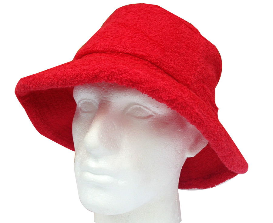Terry Towelling BUCKET HAT Daggy Fishing Camping Lad Cap Retro  100% COTTON - Red - M