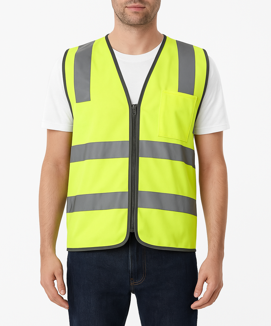 Hi Vis Safety Vest Reflective Tape Zip Up Workwear Pocket High Visibility in Yellow - M