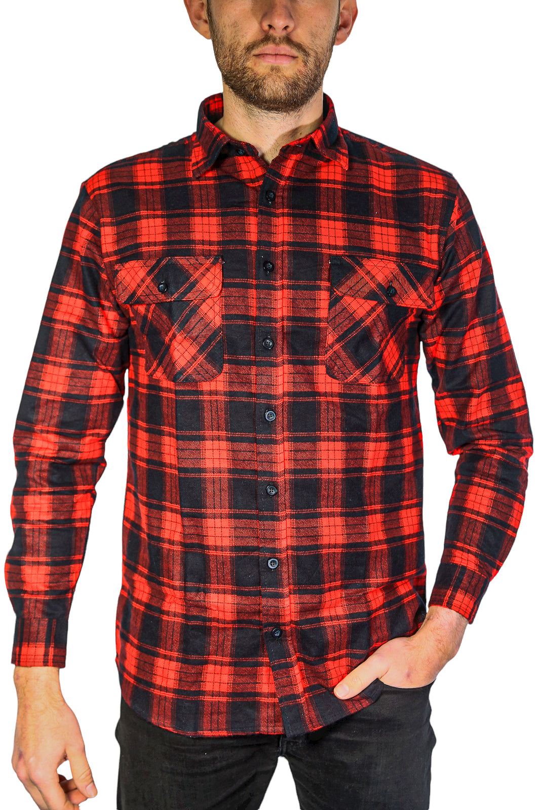 Mens Flannelette Long Sleeve Shirt 100% Cotton Check Authentic Flannel - Full Placket - Red - 9XL