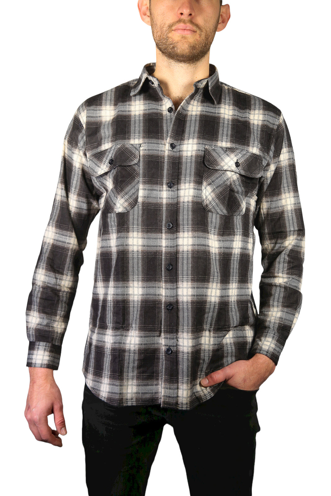 Mens Flannelette Long Sleeve Shirt 100% Cotton Check Authentic Flannel - Full Placket - Black - 9XL