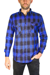 Mens Flannelette Long Sleeve Shirt 100% Cotton Check Authentic Flannel - Full Placket - Royal Blue  - L