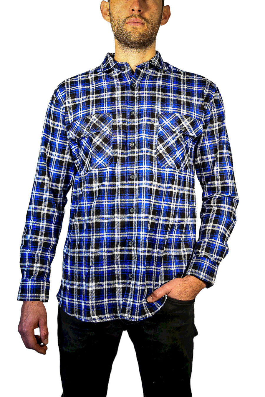 Mens 100% Cotton Flannelette Shirt Long Sleeve Check Authentic Flannel - Denim - 4XL