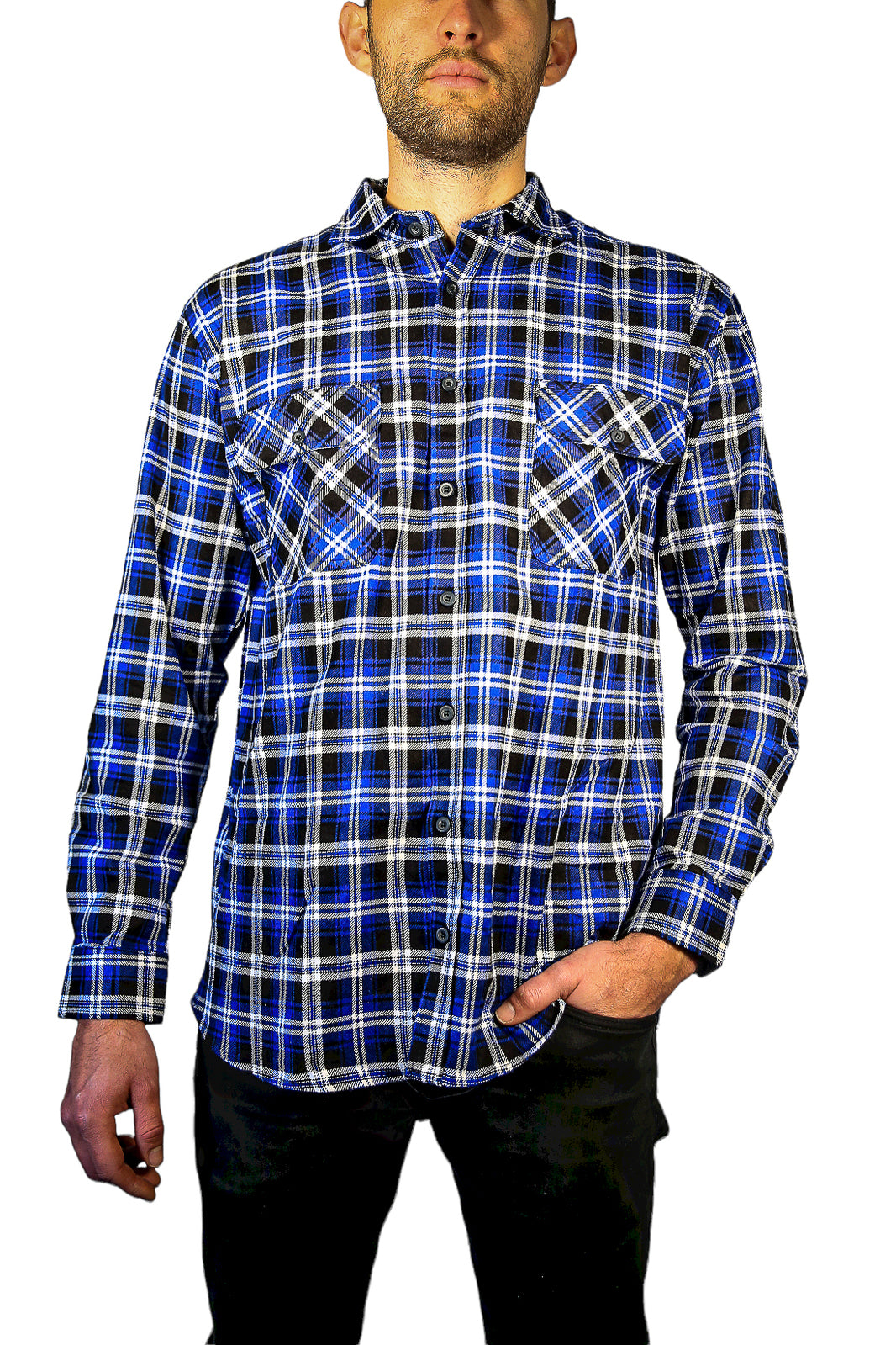 Mens 100% Cotton Flannelette Shirt Long Sleeve Check Authentic Flannel - Denim - 6XL
