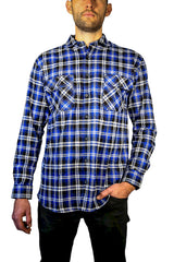 Mens 100% Cotton Flannelette Shirt Long Sleeve Check Authentic Flannel - Denim - L