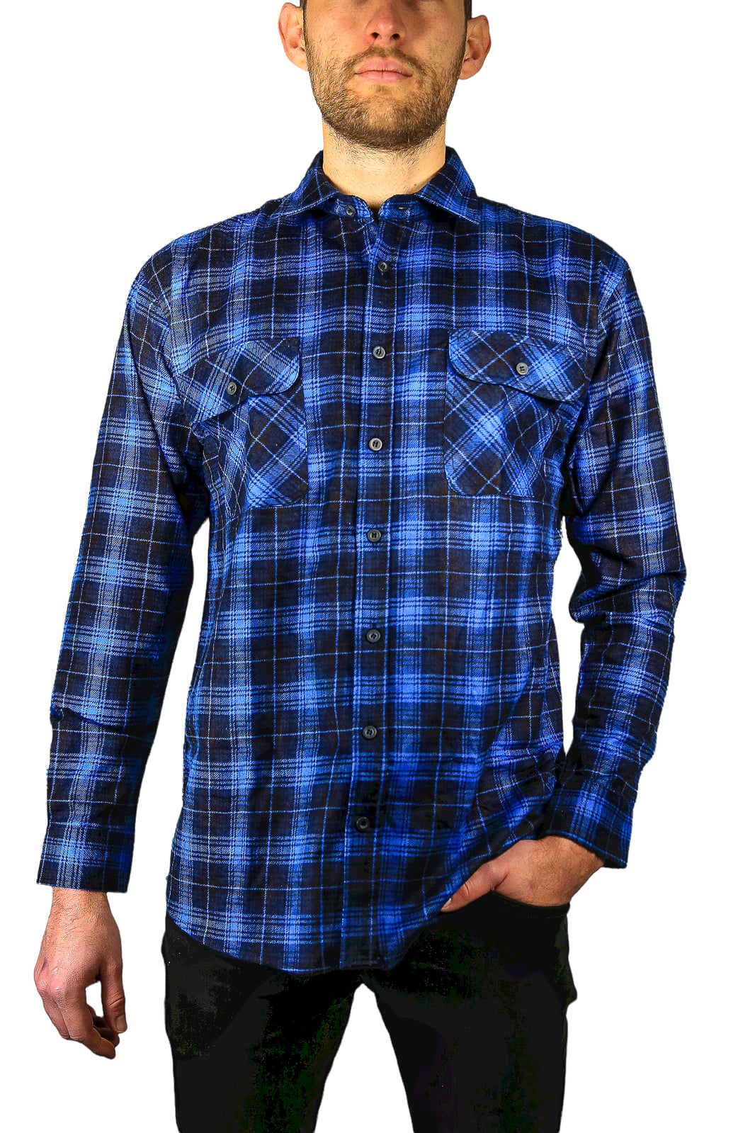 Mens 100% Cotton Flannelette Shirt Long Sleeve Check Authentic Flannel - Blue - 8XL