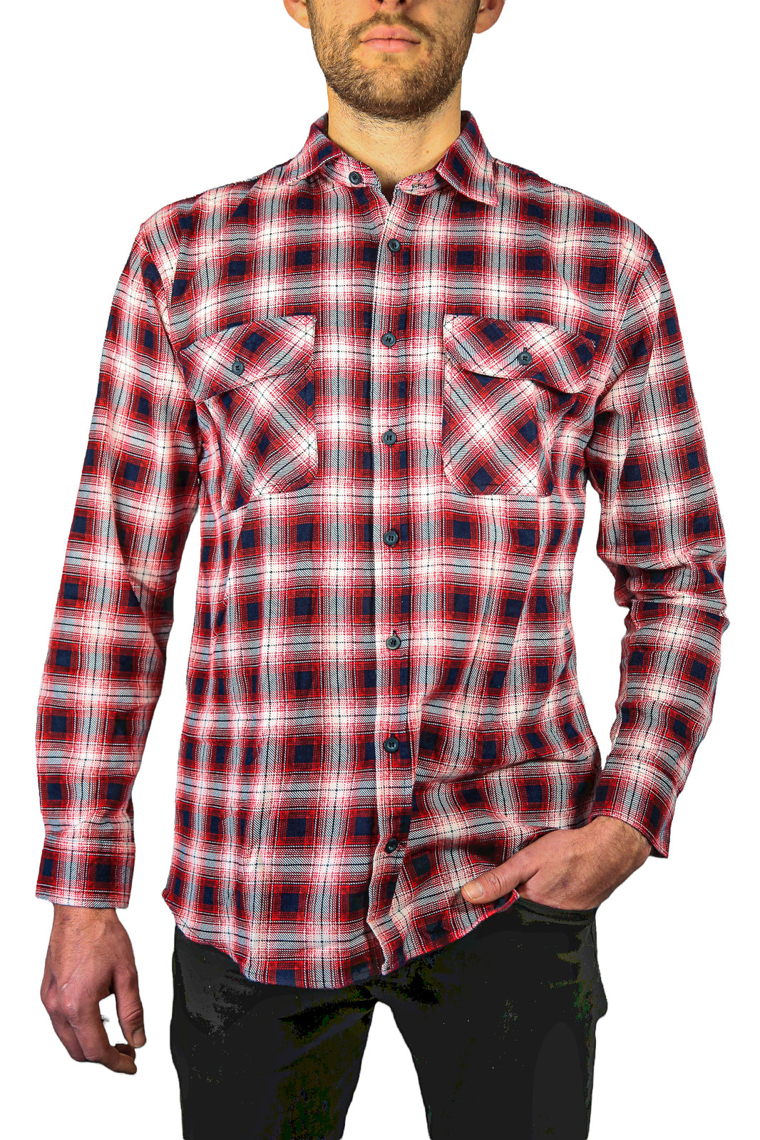 Mens 100% Cotton Flannelette Shirt Long Sleeve Check Authentic Flannel - Red/Navy - 7XL