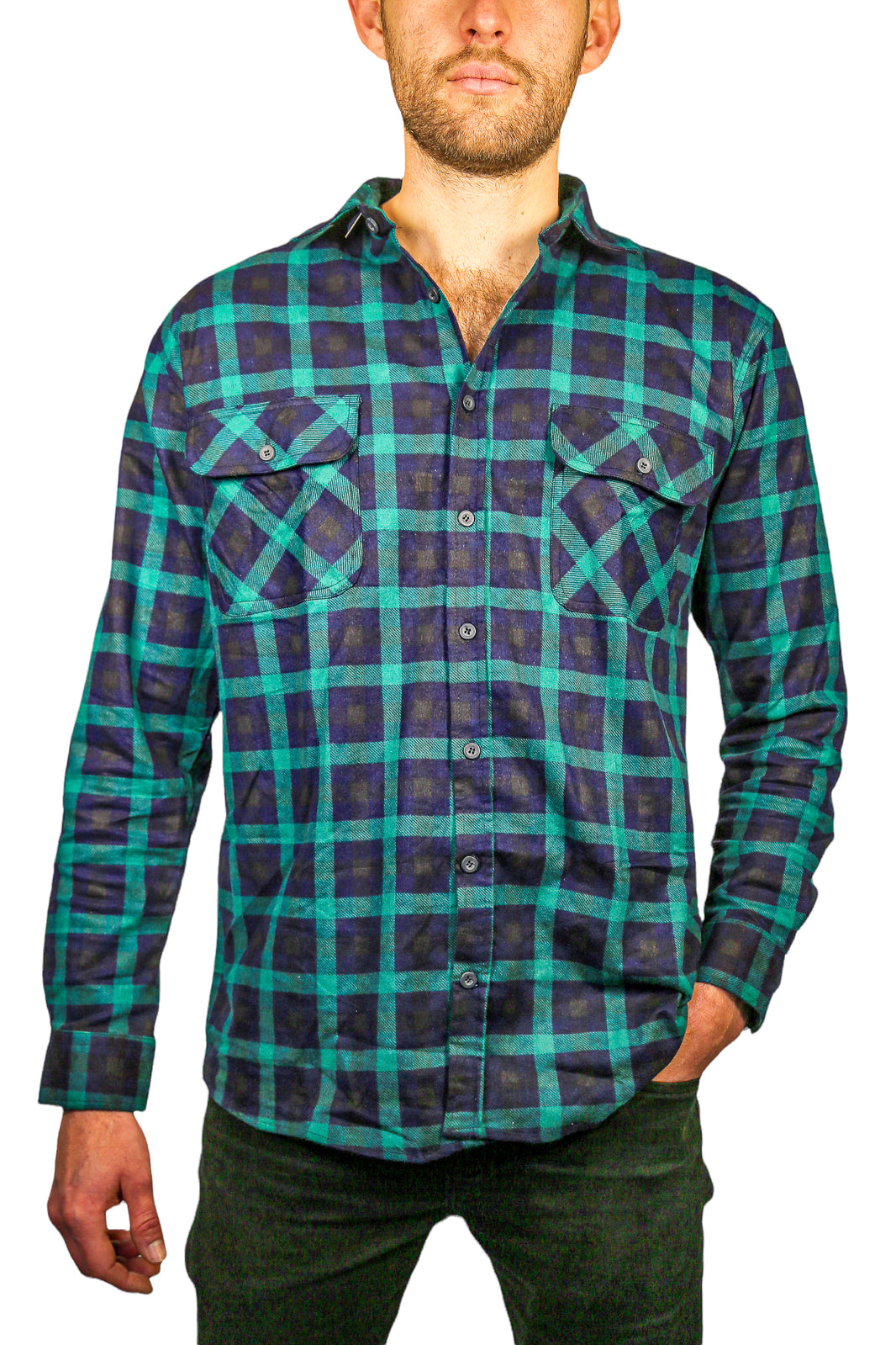 Mens 100% Cotton Flannelette Shirt Long Sleeve Check Authentic Flannel - Green/Navy - 5XL
