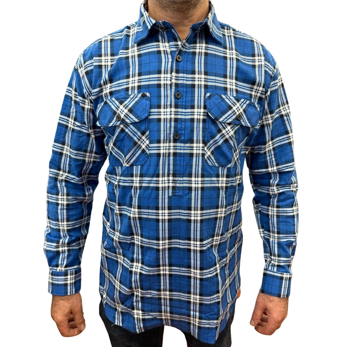 Mens Flannelette Long Sleeve Pullover Shirt 100% Cotton Flannel - Half Placket - Navy - 5XL