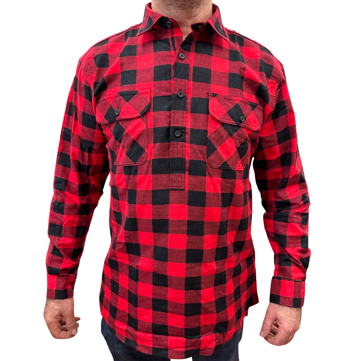 Mens Flannelette Long Sleeve Pullover Shirt 100% Cotton Flannel - Half Placket - Red/Black - 4XL