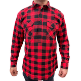 Mens Flannelette Long Sleeve Pullover Shirt 100% Cotton Flannel - Half Placket - Red/Black - 6XL