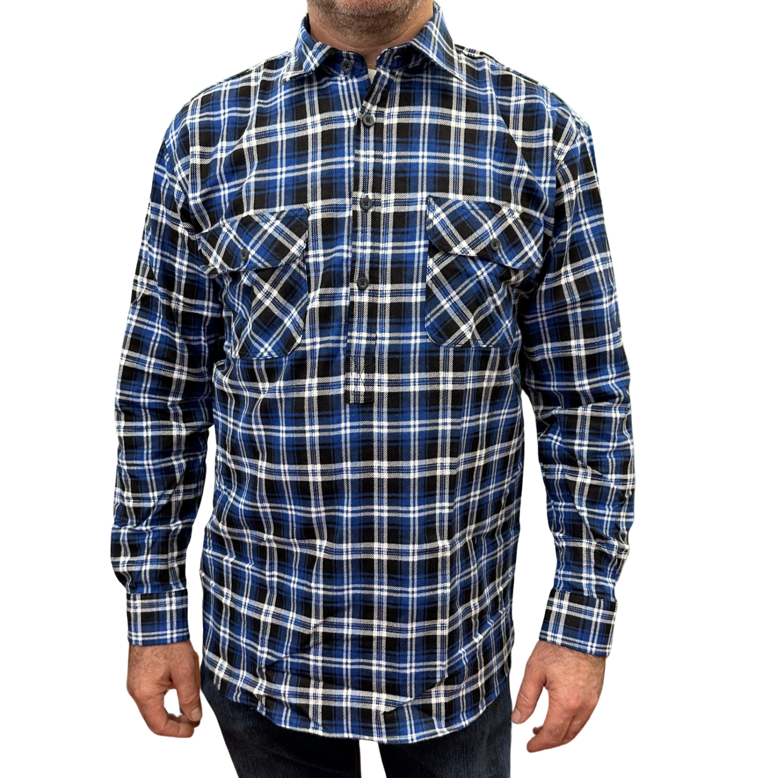 Mens Flannelette Long Sleeve Pullover Shirt 100% Cotton Flannel - Half Placket - Blue/Black - XL