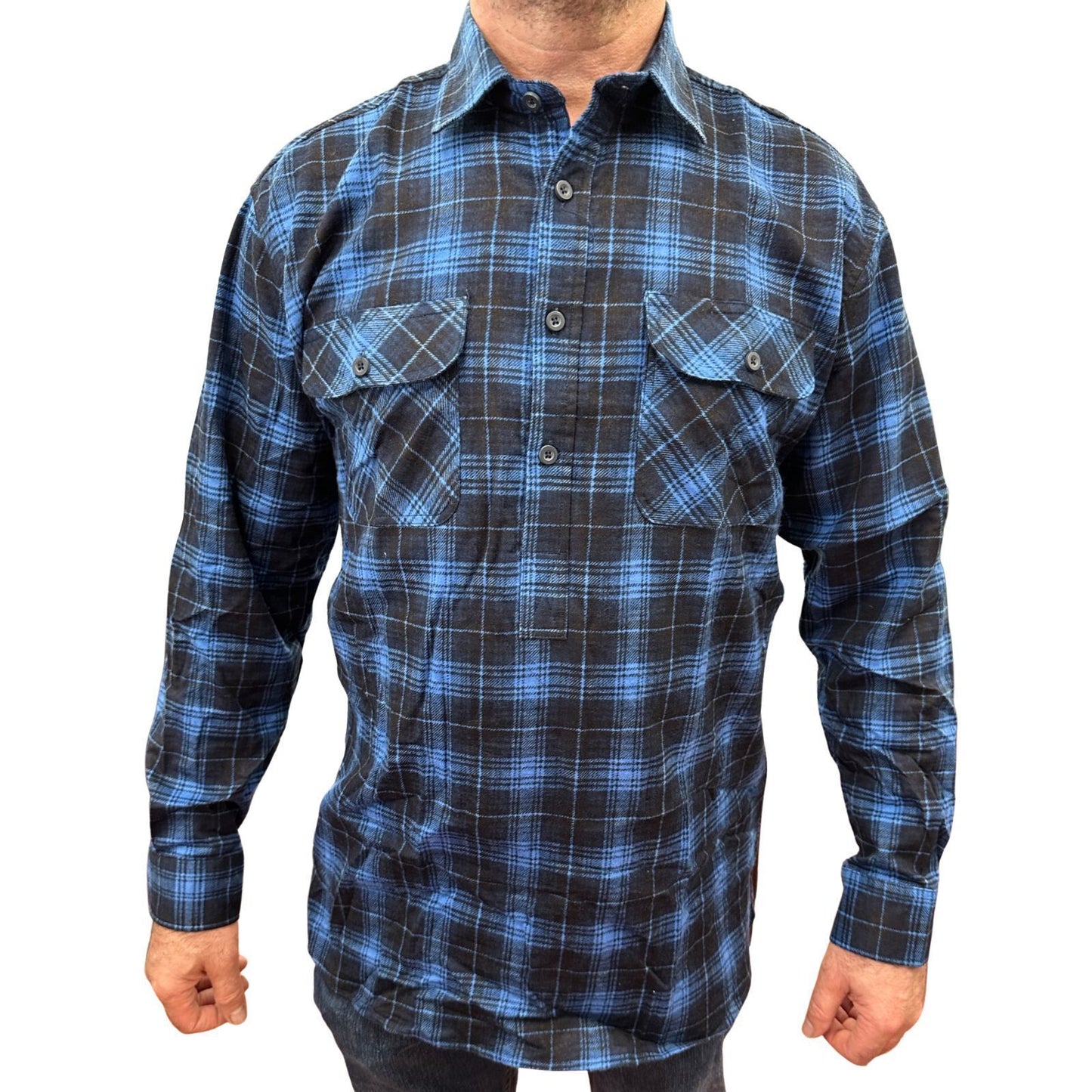 Mens Flannelette Long Sleeve Pullover Shirt 100% Cotton Flannel - Half Placket - Blue - XL