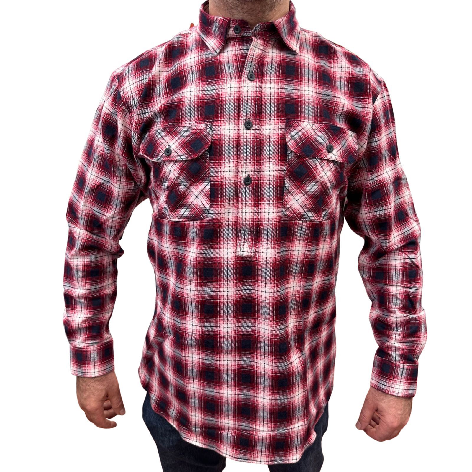 Mens Flannelette Long Sleeve Pullover Shirt 100% Cotton Flannel - Half Placket - Red/Navy - 8XL