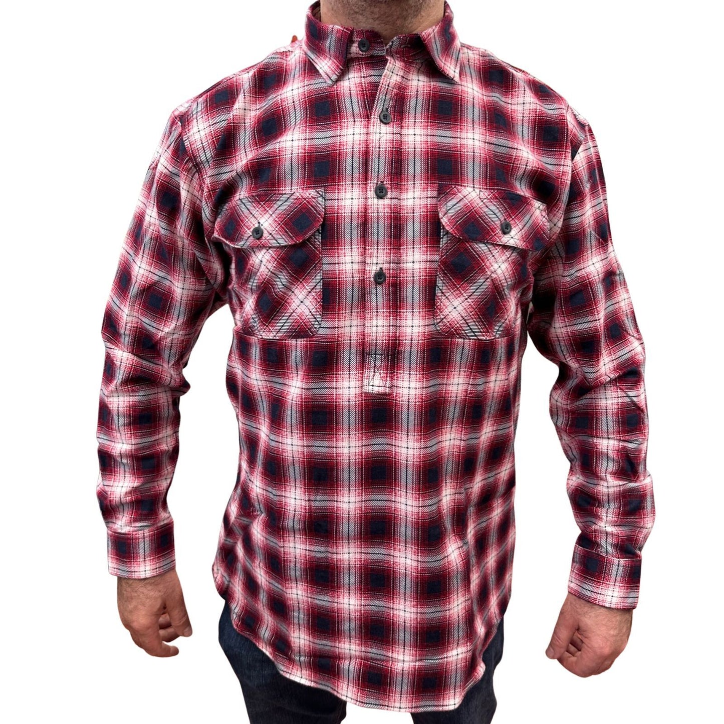 Mens Flannelette Long Sleeve Pullover Shirt 100% Cotton Flannel - Half Placket - Red/Navy - XL