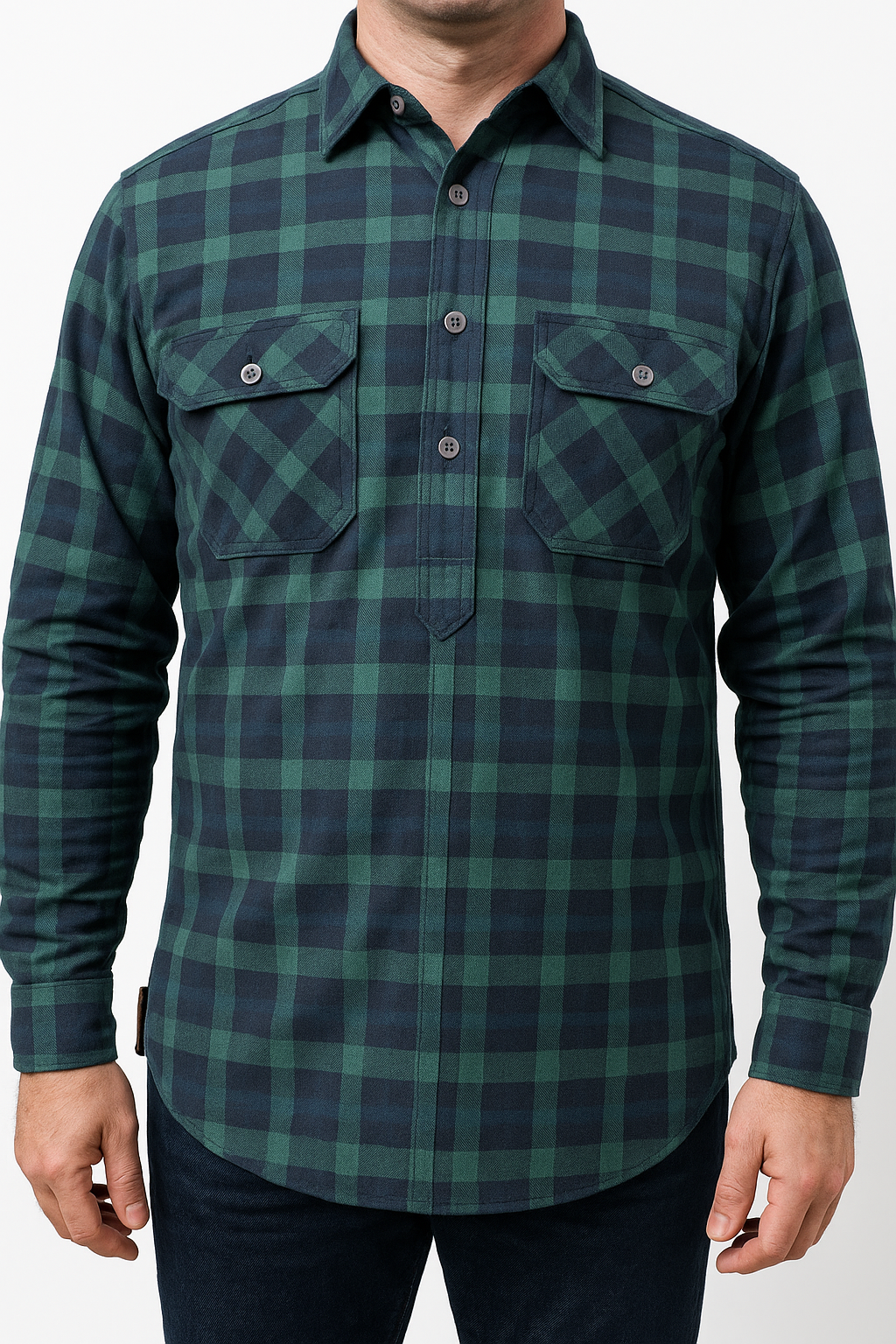 Mens Flannelette Long Sleeve Pullover Shirt 100% Cotton Flannel - Half Placket - Green/Navy - XXL