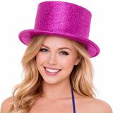 Glitter Top Hat Adult Costume Fancy Dress Party Plastic Tall Hat - Hot Pink