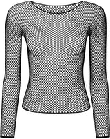 Womens Fishnet Mesh Top Long Sleeve Sheer See Through Party Costume - Black