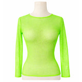 Womens Fishnet Mesh Top Long Sleeve Sheer See Through Costume - Fluro Green