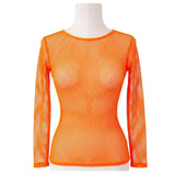Womens Fishnet Mesh Top Long Sleeve Sheer See Through Costume - Fluro Orange