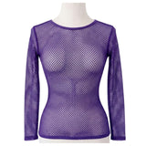 Womens Fishnet Mesh Top Long Sleeve Sheer See Through Party Costume - Purple