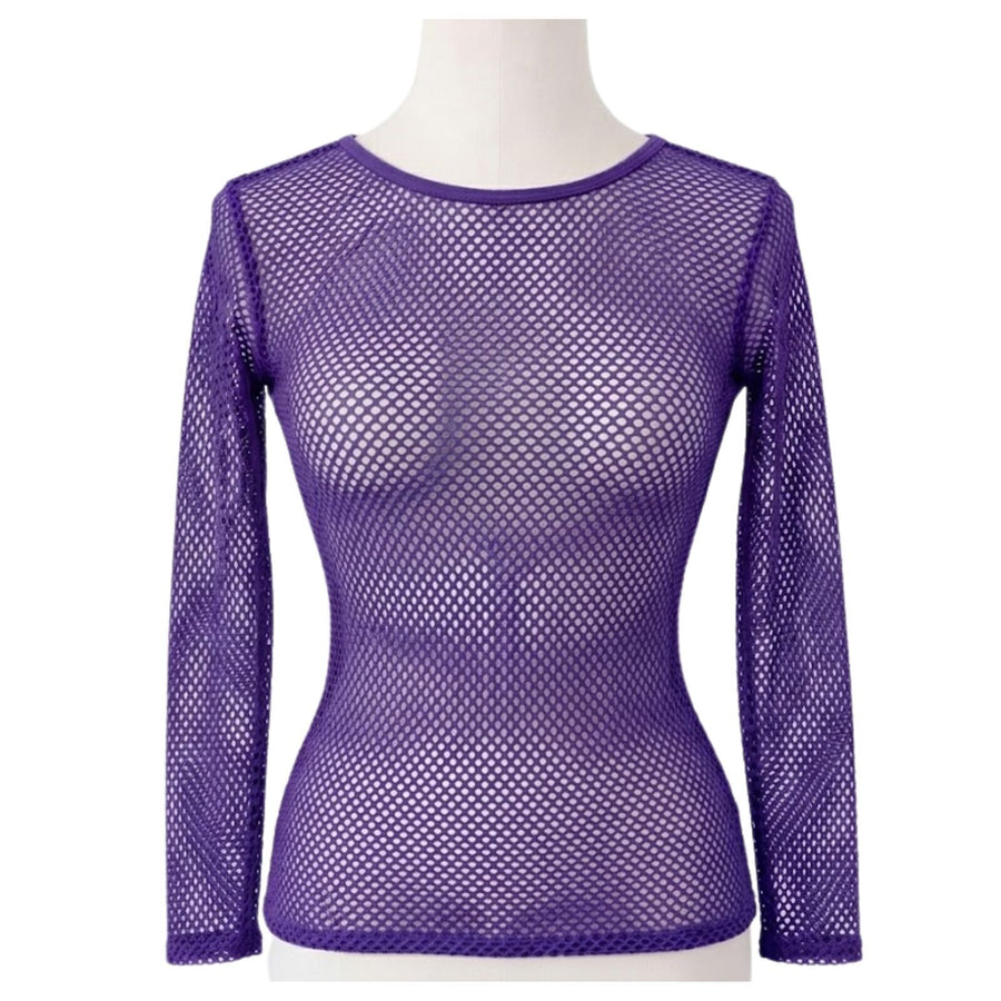 Womens Fishnet Mesh Top Long Sleeve Sheer See Through Party Costume - Purple