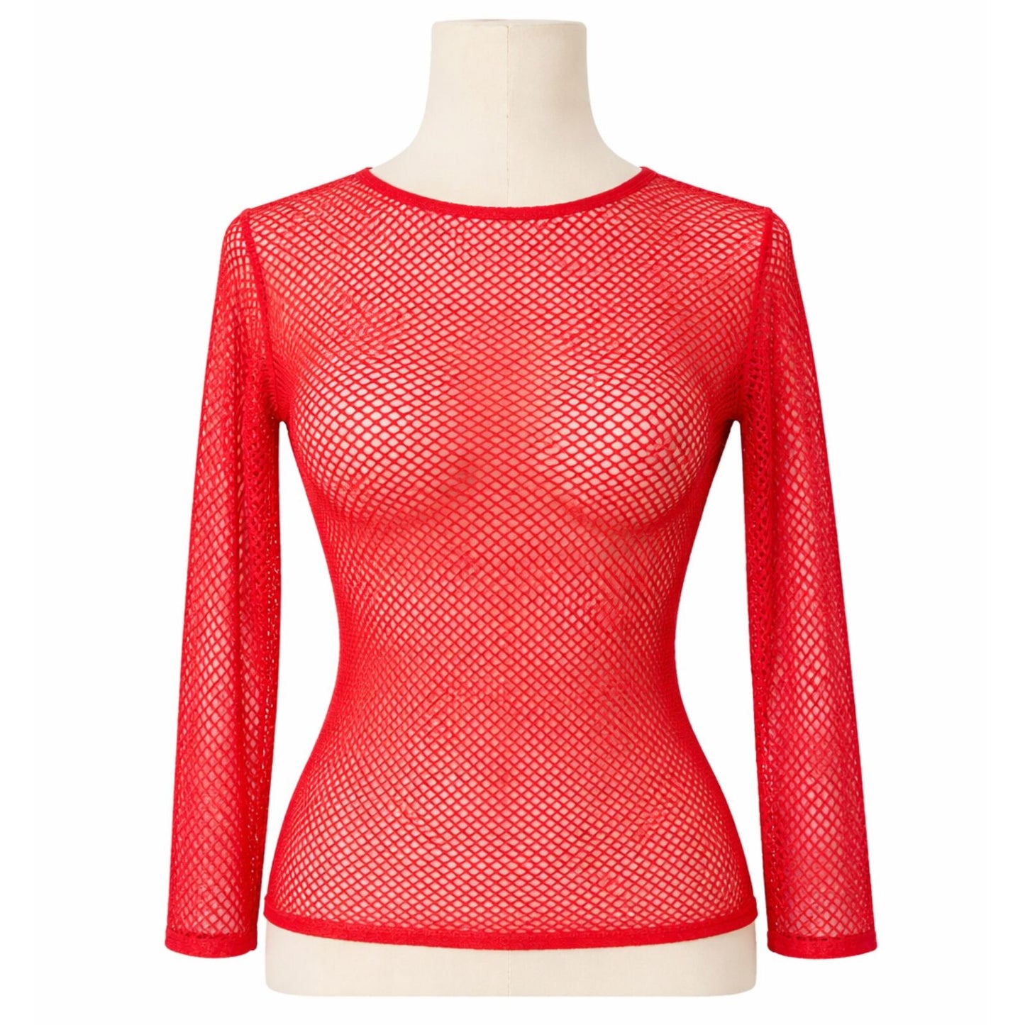 Womens Fishnet Mesh Top Long Sleeve Sheer See Through Party Costume - Red