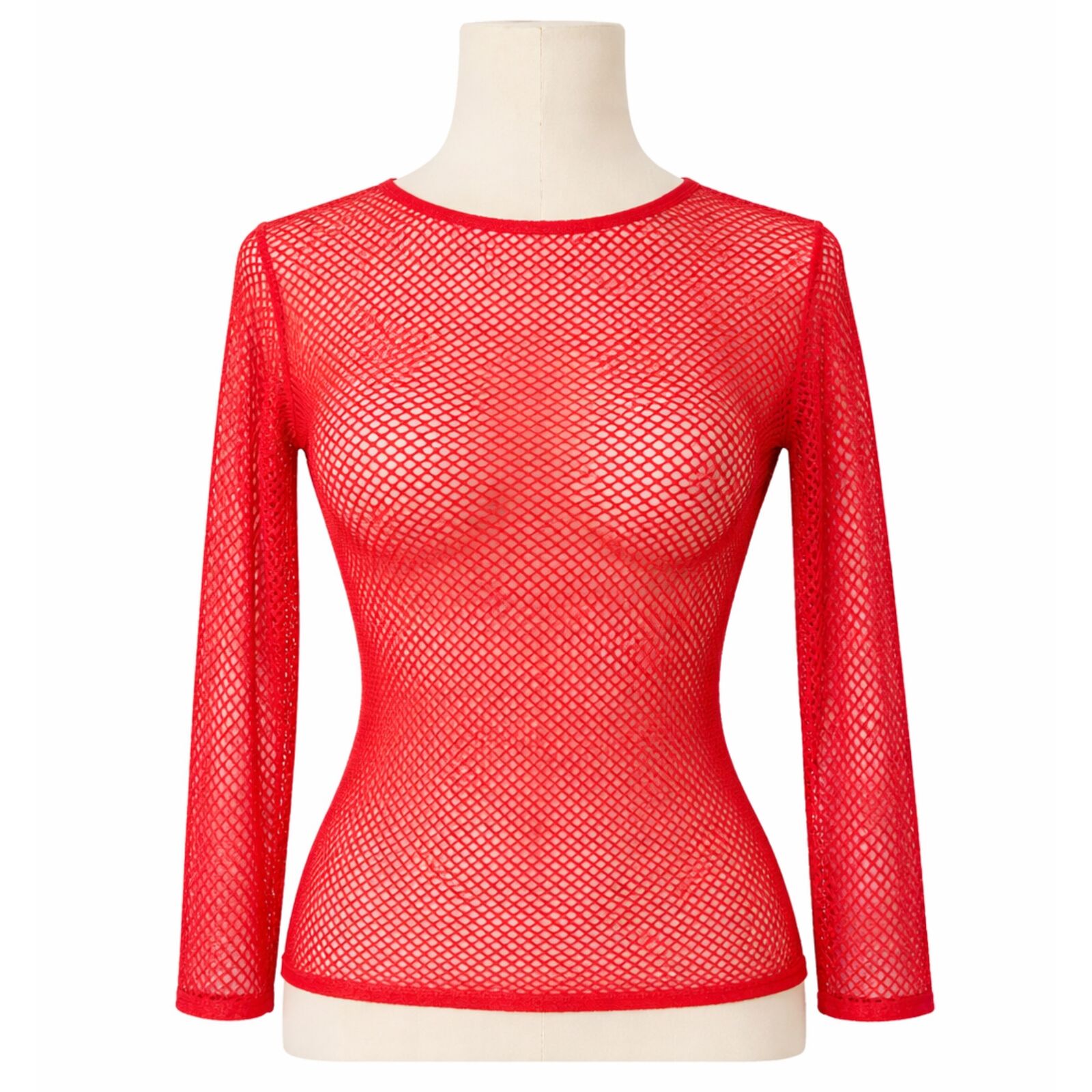 Womens Fishnet Mesh Top Long Sleeve Sheer See Through Party Costume - Red