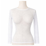Womens Fishnet Mesh Top Long Sleeve Sheer See Through Party Costume - White