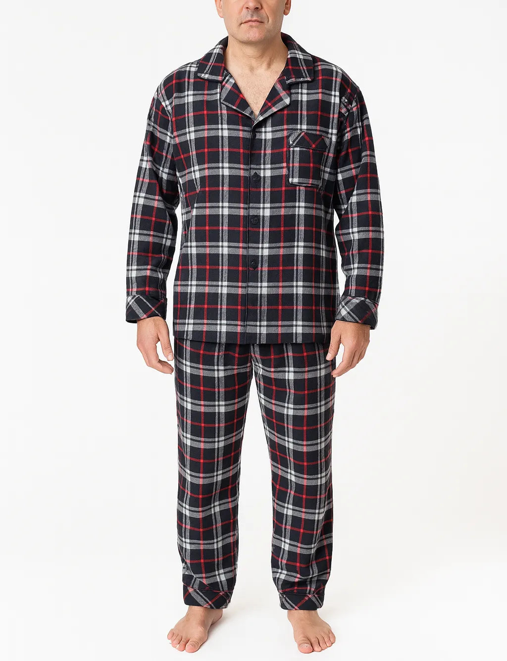 Mens Plus Size Flannelette Pyjamas 100% Cotton PJs Set Top Pants in Red Check - XXL