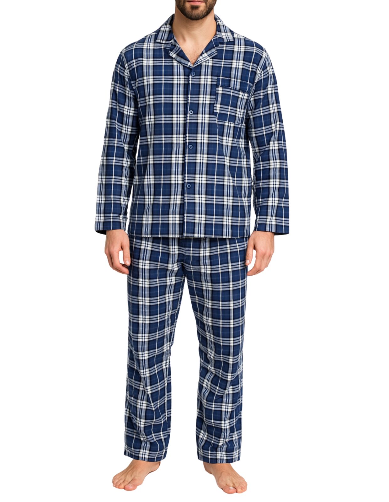 Mens Flannelette Pyjama Set Sleepwear Soft 100% Cotton PJs - Blue Check - 4XL