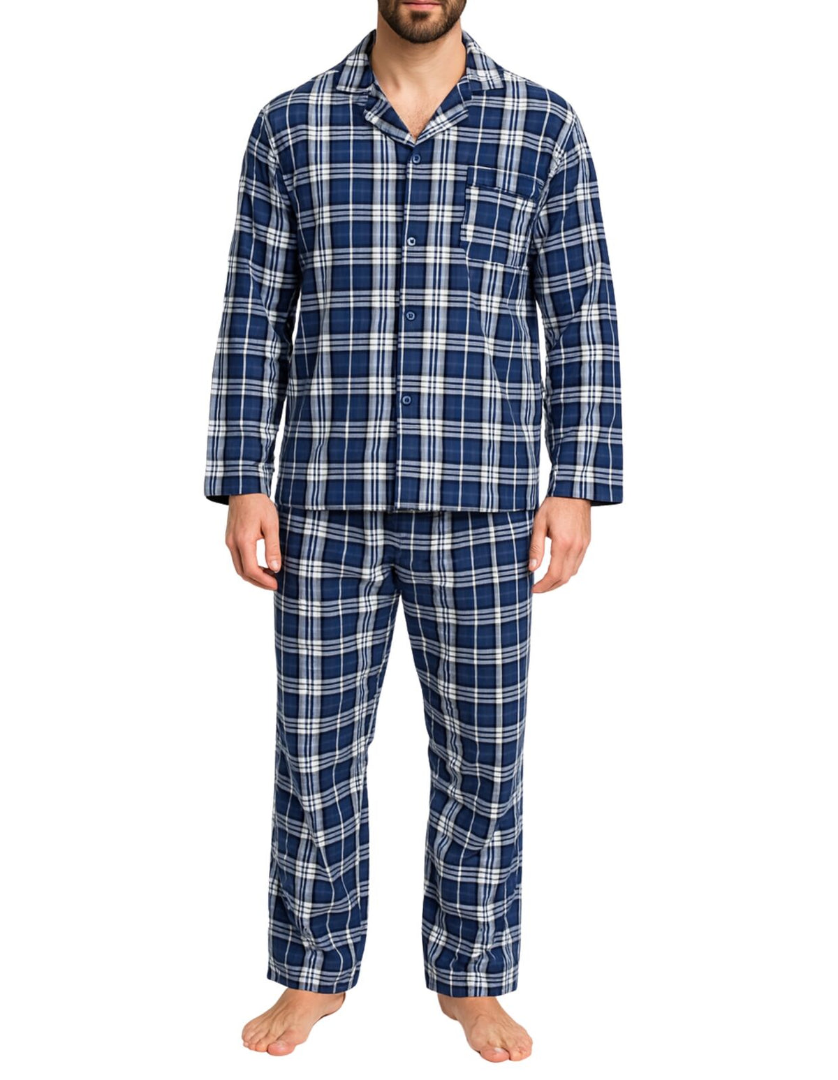 Mens Flannelette Pyjama Set Sleepwear Soft 100% Cotton PJs - Blue Check - 6XL