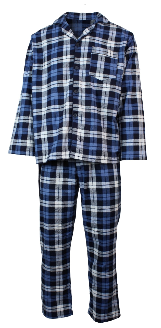 Mens Flannelette Pyjama Set Sleepwear Soft 100% Cotton PJs Two Piece - Blue/Multi Check - XL