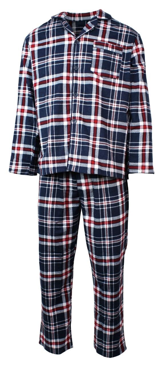 Mens Flannelette Pyjama Set Sleepwear Soft 100% Cotton PJs Two Piece - Navy/Red Check - 3XL