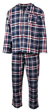 Mens Flannelette Pyjama Set Sleepwear Soft 100% Cotton PJs Two Piece - Navy/Red Check - XXL