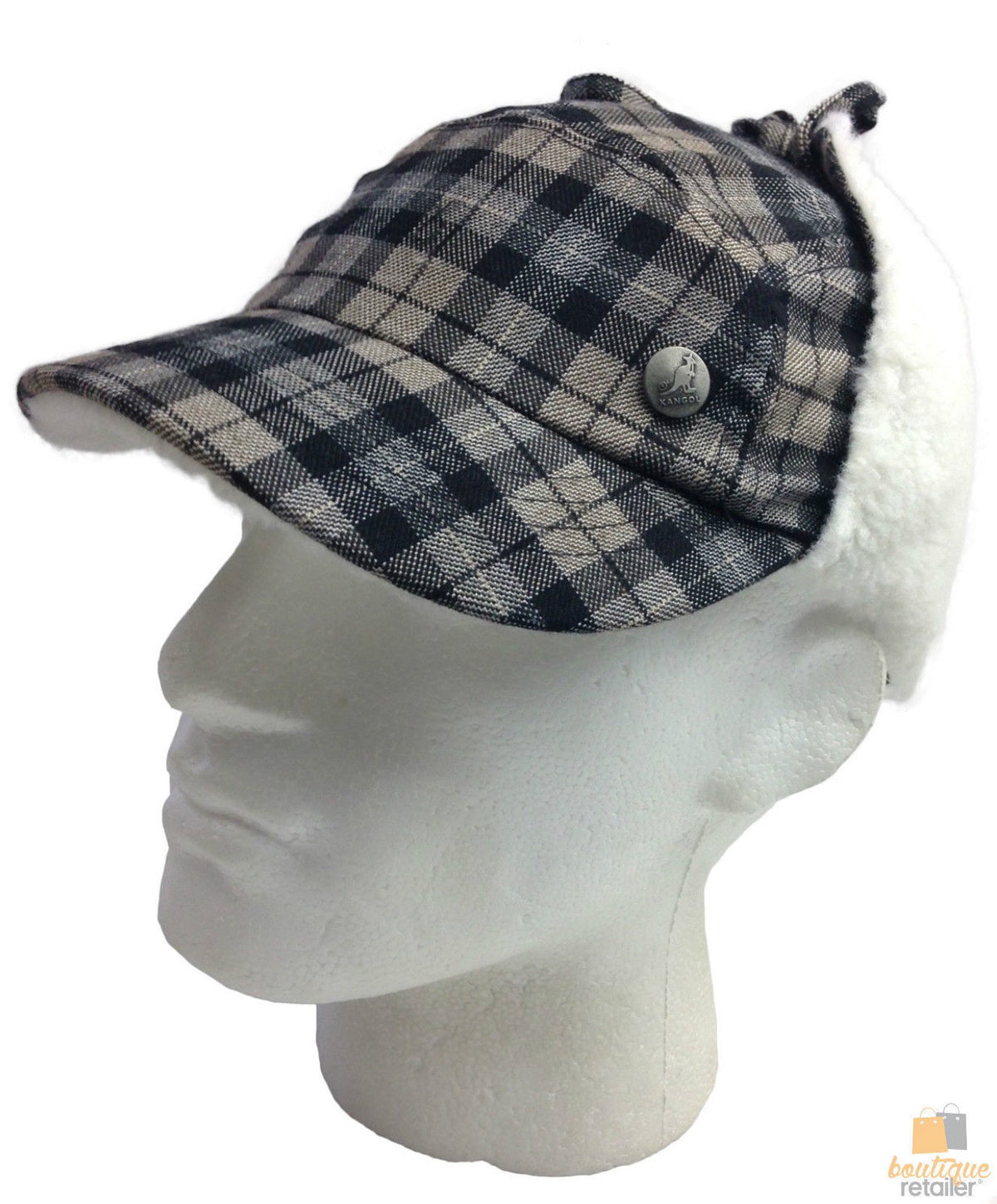 Plaid Supre Trapper Ushanka Hat Sherpa Lined Winter Ear Flap Cap - Black/Grey - L/XL